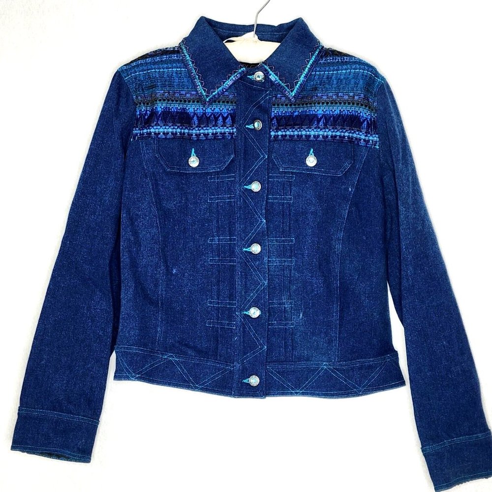 City Girl Nancy Bolen Denim Jacket NWD Shades of Blue Embroidery Sequins